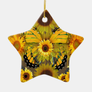 Yellow MONARCH BUTTERFLY & Sunflower ART Ceramic Tree Decoration