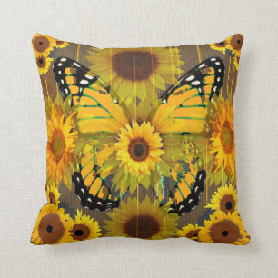 Yellow MONARCH  BUTTERFLY & Sunflower ART Cushion