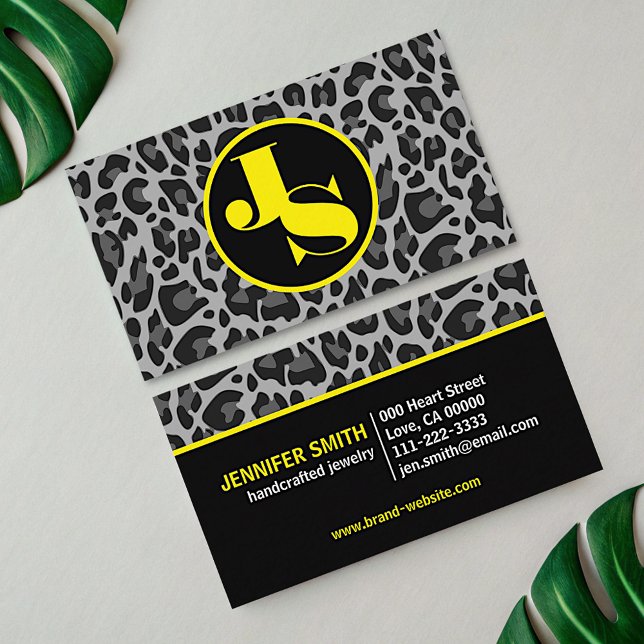 Yellow Monogram Classic Leopard Print Rockabilly Business Card (Creator Uploaded)
