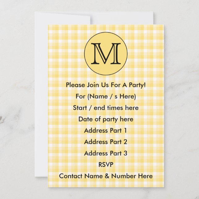 Yellow Monogram. Custom Letter and Check Pattern. Invitation (Front)