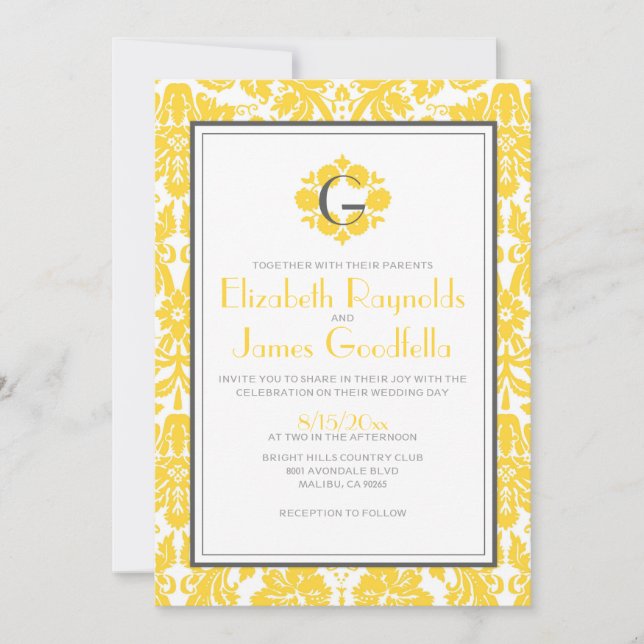 Yellow Monogram Damask Wedding Invitations (Front)