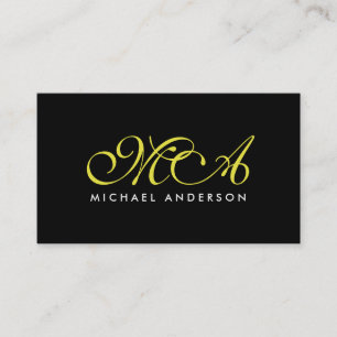 Yellow Monogram Elegant Script Black Background Business Card