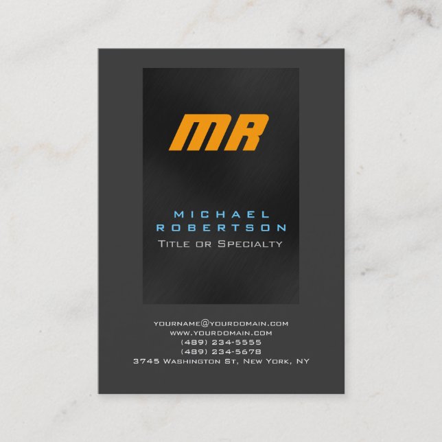 Yellow Monogram Grey Blue Chubby Business Card (Front)
