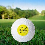 Yellow monogram initials name golf balls<br><div class="desc">Yellow background,  black and grey text. Personalise and add your monogram initials and name.  For both him and her.  The name is written with a modern hand lettered style script.</div>