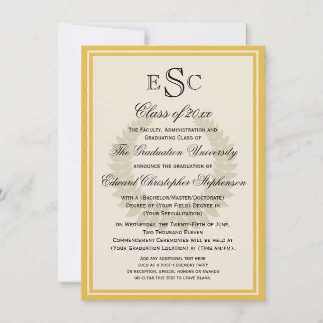 Yellow Monogram Laurel Classic College Graduation Invitation (Front)