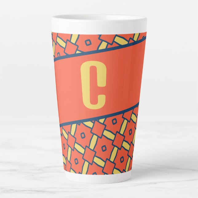 Yellow Monogram Orange Geometric Pattern Latte Mug (Front)