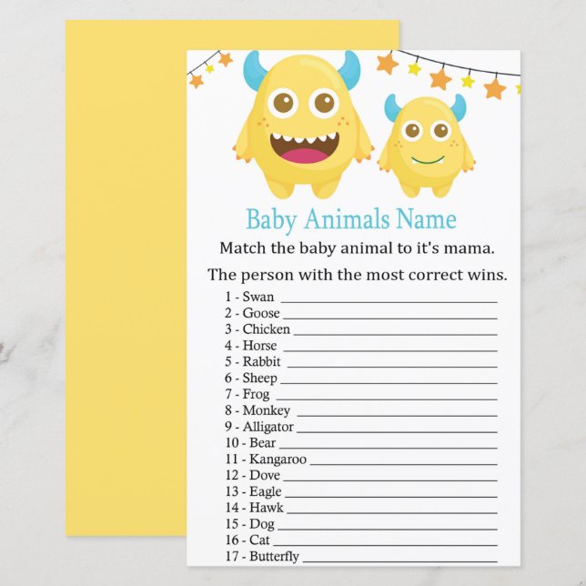 Yellow Monster Baby Animals Name Game (Front/Back)