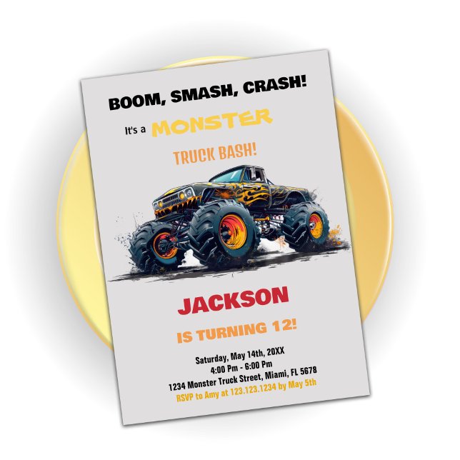 Yellow Monster Truck Birthday Invitations (Yellow Monster Truck Birthday Invitations)