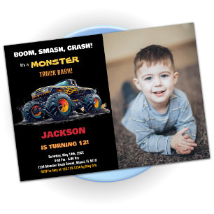 Yellow Monster Truck Birthday Invitations Photo