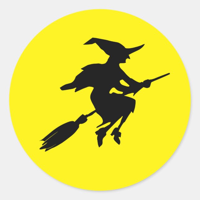 Yellow Moon and Black Flying Witch Halloween Classic Round Sticker (Front)