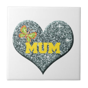 Yellow Mum Love Heart With Butterfly Ceramic Tile