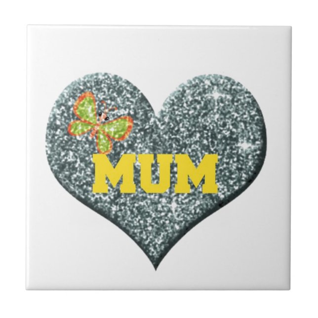 Yellow Mum Love Heart With Butterfly Ceramic Tile (Front)