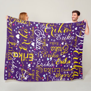 Yellow Name, Splattered Cute Hearts and Stars  Fleece Blanket