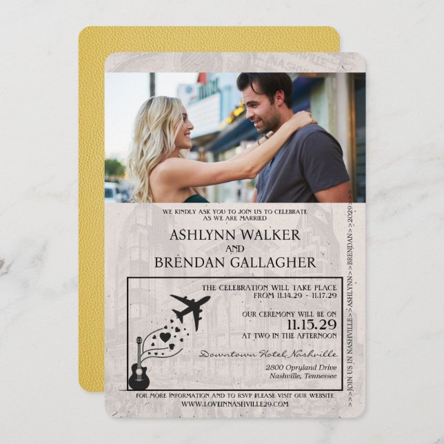 Yellow Nashville Passport Wedding Invitation (Front/Back)