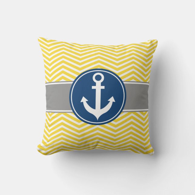 Yellow Nautical Anchor Chevron Cushion (Front)