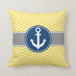 Yellow Nautical Anchor Chevron Cushion
