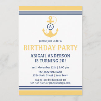 Yellow Nautical Birthday Party Invites with Anchor