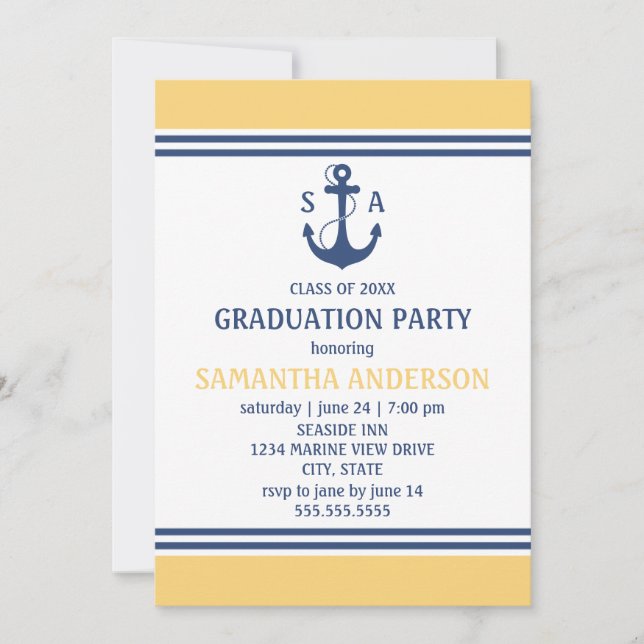 Yellow Nautical Graduation Party Invites (Front)