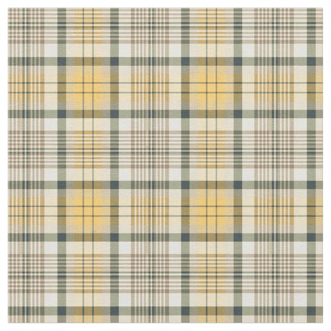 Yellow, Navy Blue and Ivory Plaid Fabric (Close Up)