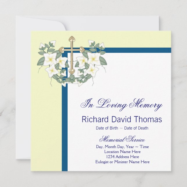 Yellow Navy Blue Cross In Loving Memory Memorial Invitation (Front)