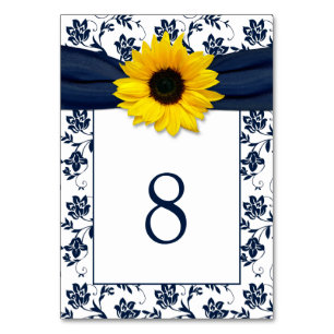 Yellow Navy Blue Damask Sunflower Ribbon Wedding Table Number