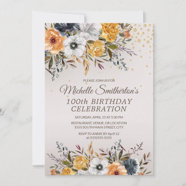 Yellow Navy Blue Floral Glitter 100th Birthday Invitation (Front)