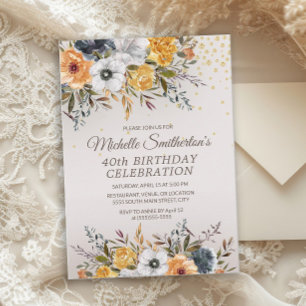 Yellow Navy Blue Floral Glitter 40th Birthday Invitation