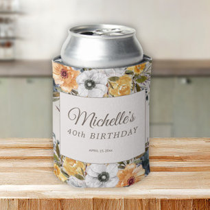Yellow Navy Blue Floral Glitter 40th Birthday Name Can Cooler