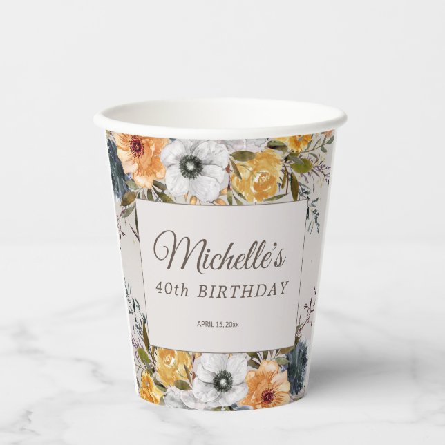 Yellow Navy Blue Floral Glitter 40th Birthday Name Paper Cups (Front)