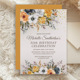 Yellow Navy Blue Floral Glitter 50th Birthday Invitation