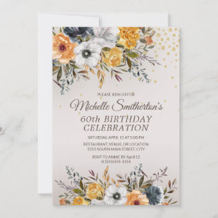 Yellow Navy Blue Floral Glitter 60th Birthday Invitation