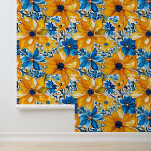 Yellow Navy Blue Floral Pattern Colourful Boho Chi Wallpaper