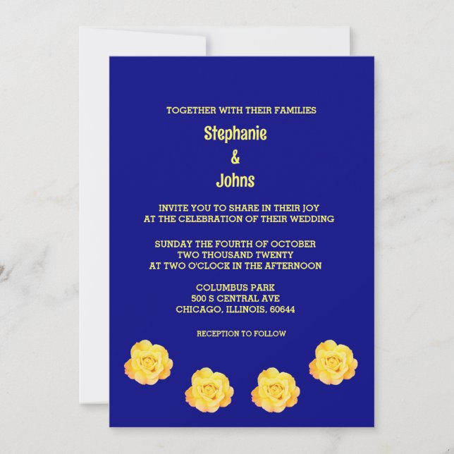 Yellow Navy Blue Floral Pattern Elegant Wedding Invitation (Front)