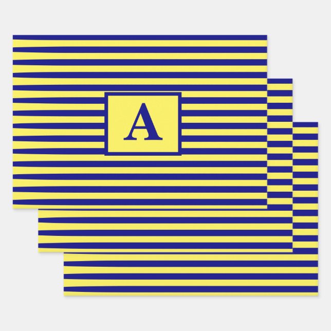 Yellow Navy Blue Nautical Monogram Christmas Wrapping Paper Sheet (Set)