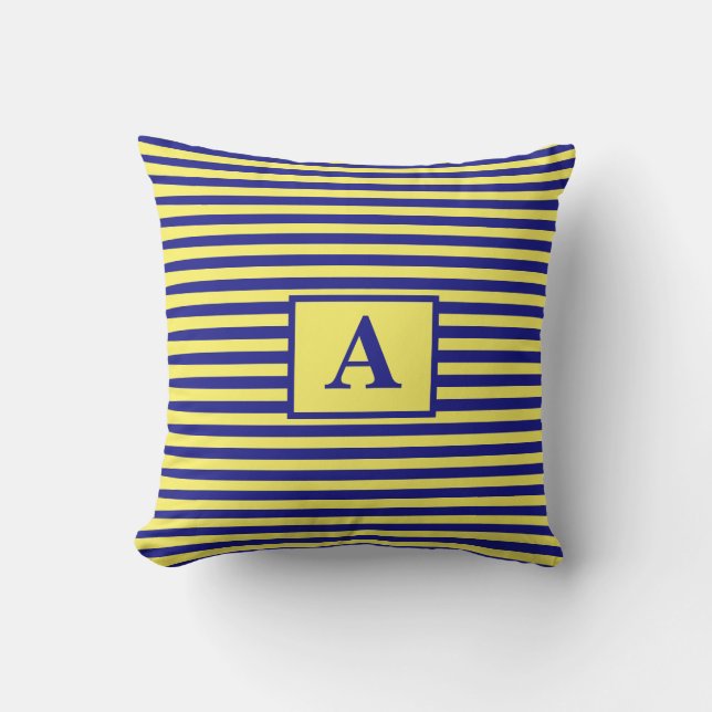 Yellow Navy Blue Nautical Monograms Stripes Cute Cushion (Front)