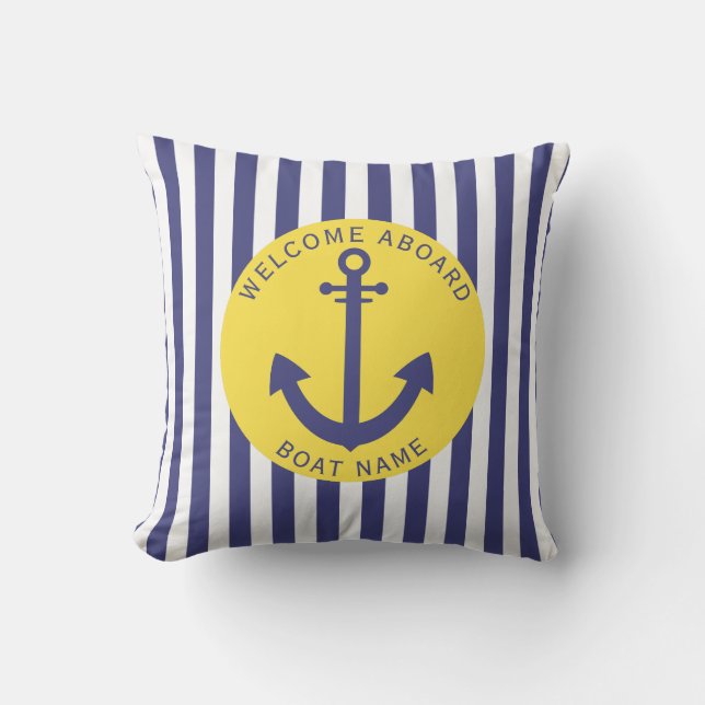 Yellow Navy Blue Stripe Boat Name Anchor Nautical  Cushion (Front)