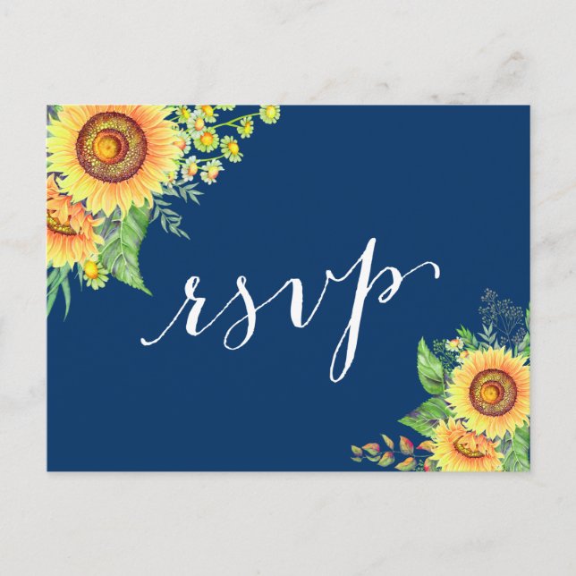 Yellow Navy Blue Sunflowers Rustic Wedding RSVP Invitation Postcard (Front)