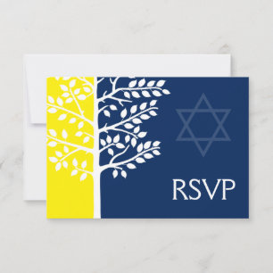 Yellow Navy Blue Tree of Life Bar Mitzvah RSVP Card