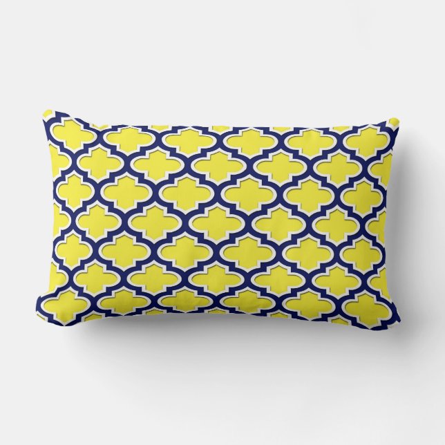Yellow Navy Blue White Moroccan Quatrefoil #3DS Lumbar Cushion (Front)