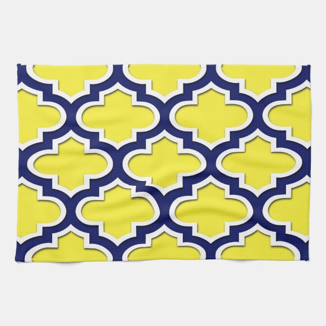 Yellow, Navy Blue, Wht Lg Moroccan Quatrefoil #3DS Tea Towel (Horizontal)