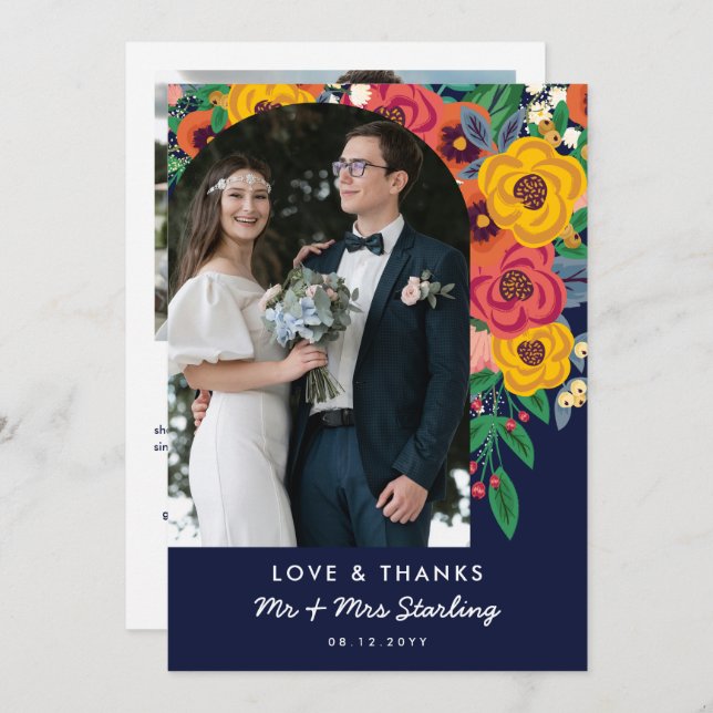 Yellow Navy Boho Flowers Arch Wedding Photo Thank You Card (Front/Back)