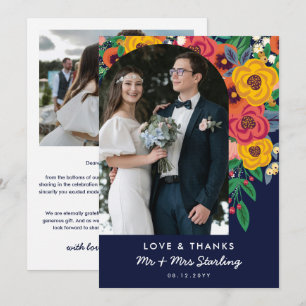 Yellow Navy Boho Flowers Arch Wedding Photo Thank You Card