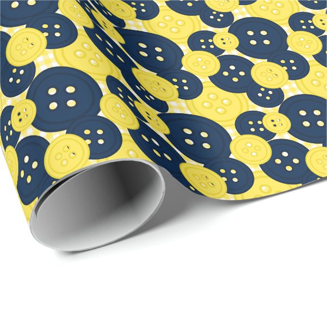 Yellow Navy Buttons Gingham - Craft & Sewing Room Wrapping Paper (Roll Corner)