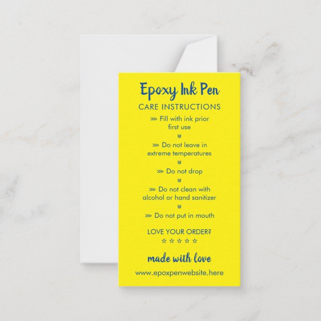 Yellow Navy Care Instructions for Epoxy Pen Card (Front)