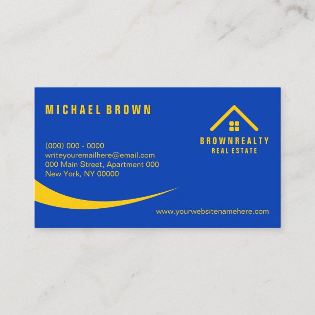 Yellow Navy Classy Roof and Window Logo Rent Home Business Card (Front)