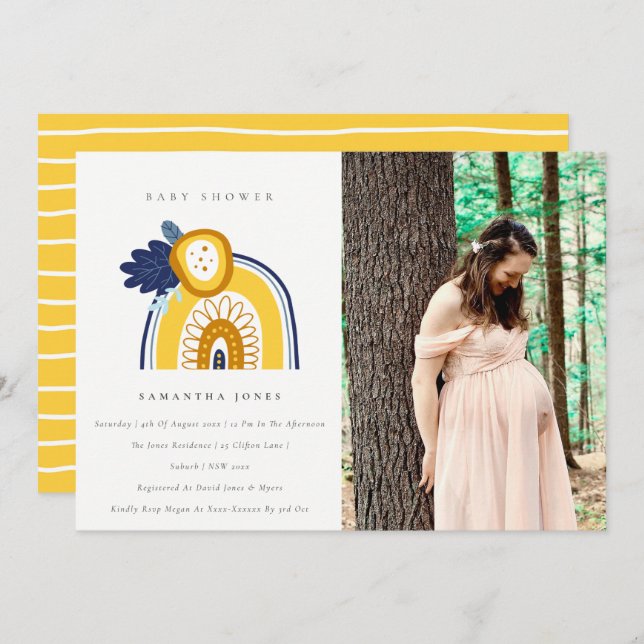 Yellow Navy Flora Rainbow Photo Baby Shower Invite (Front/Back)