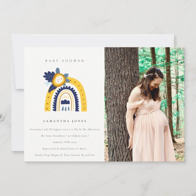 Yellow Navy Flora Rainbow Photo Baby Shower Invite (Front)