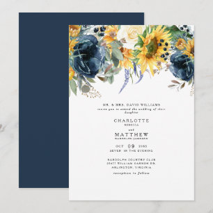 Yellow & Navy Floral Bouquet Wedding Invitation