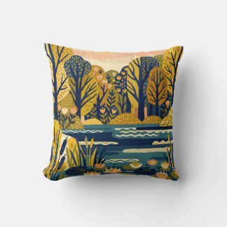 Yellow Navy Lakeside Forest Throw Pillow