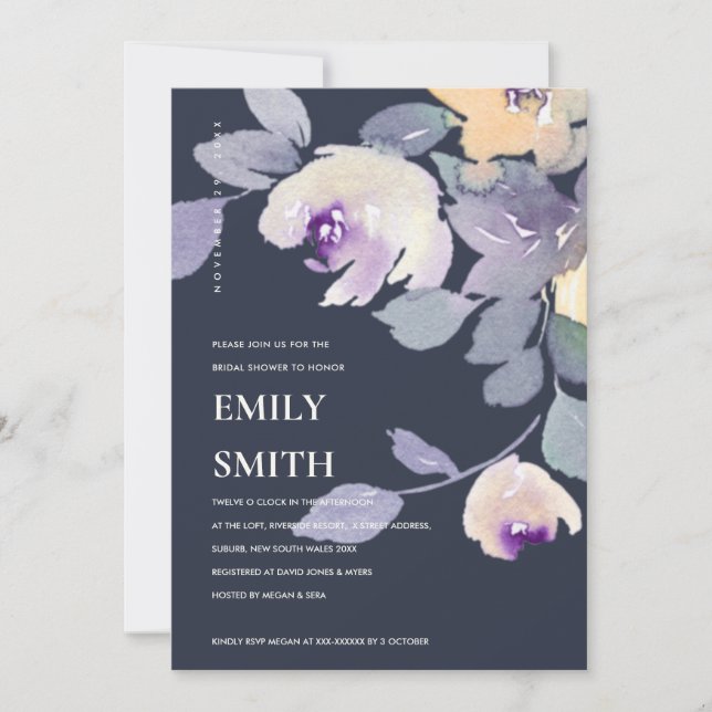 YELLOW NAVY LILAC FLORAL BRIDAL SHOWER INVITE (Front)
